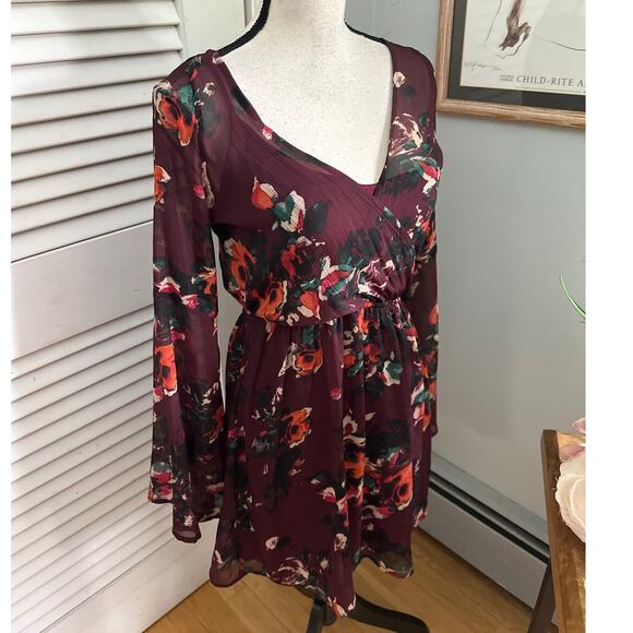 ABERCROMBIE FITCH Womens Dress SMALL Burgundy Floral Long Sleeve Mini Grunge - Picture 4 of 12